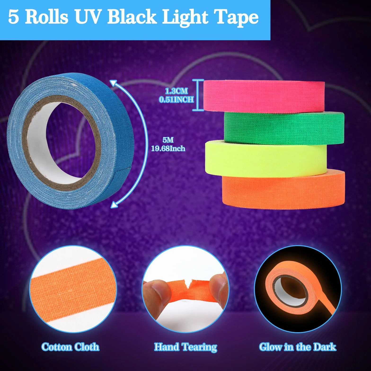 GOTRUST 5 szt. neonowych taśm klejących, czarne światło, UV fluorescencyjne, świecące gaffery, do dekoracji na imprezę, Halloween, rzemiosło – 13 mm x 5 m