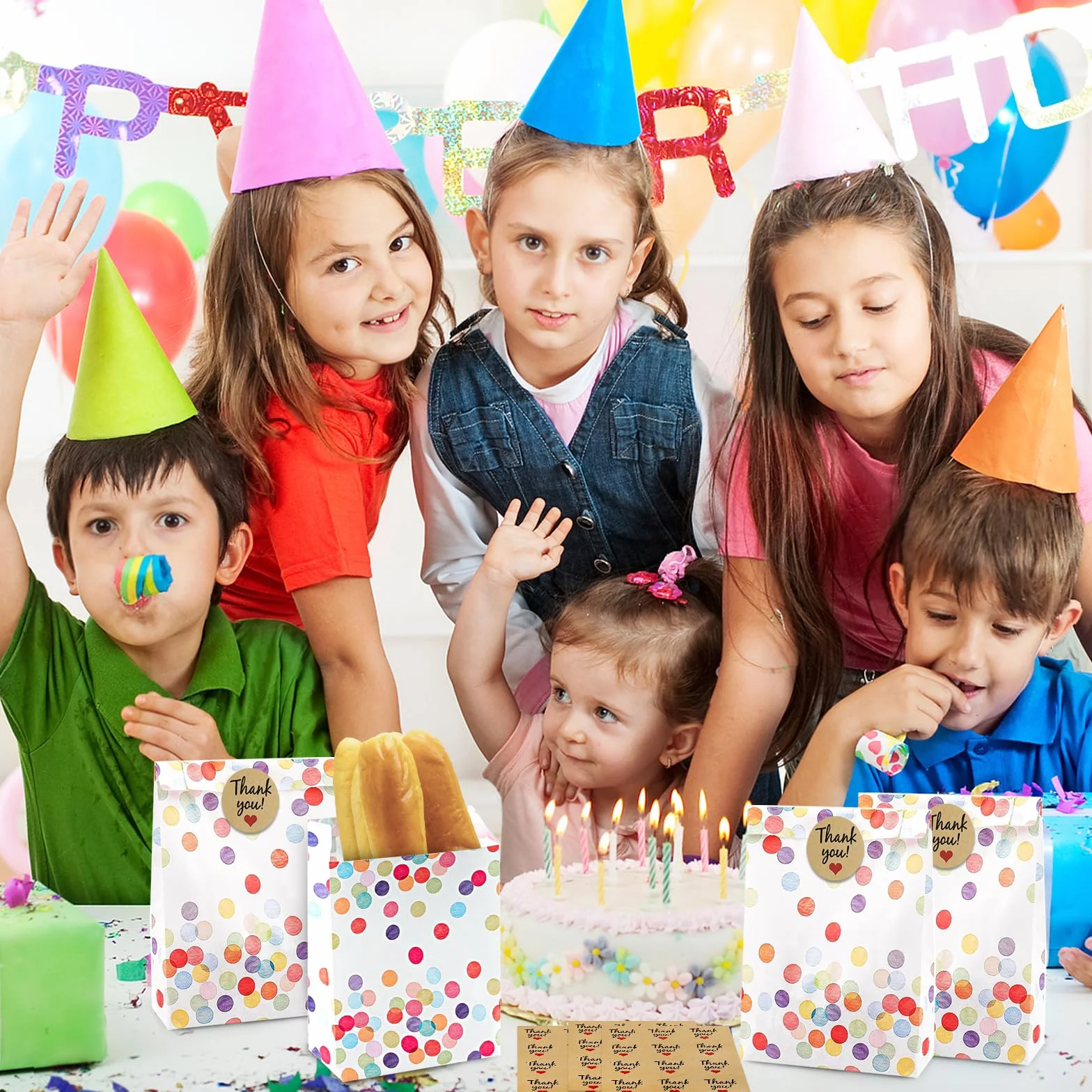 GTNCE 50 sztuk torebek papierowych na urodziny dziecka z 50 naklejkami, torebki na prezenty urodzinowe dla dzieci, torebki urodzinowe, torebki upominkowe, kolorowe torebki papierowe w kropki, małe na