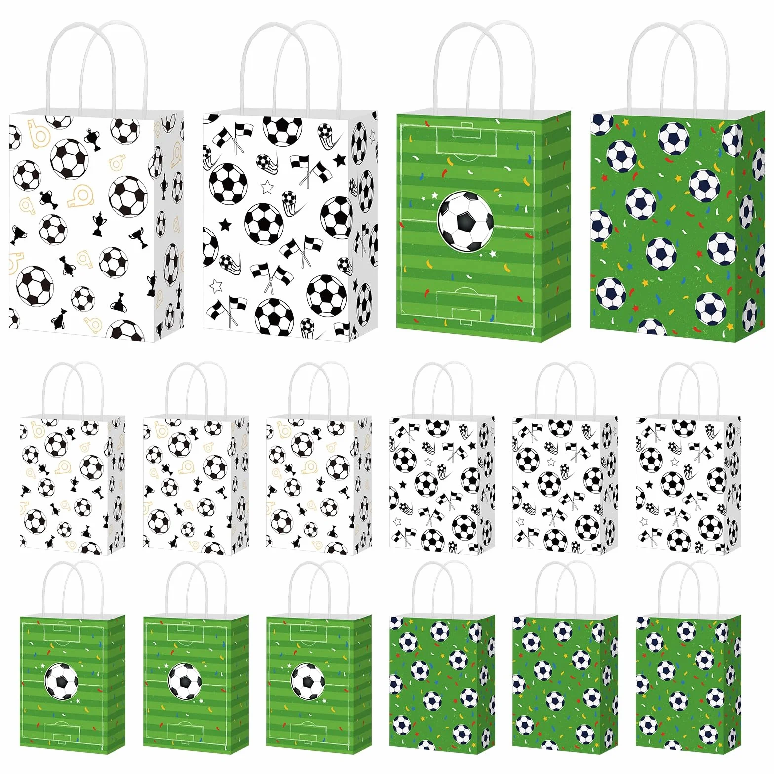 12 sztuk torebek papierowych z motywem piłki nożnej, 21 x 15 x 8 cm, torebki na prezenty, słodycze z uchwytem, na imprezę piłkarską, urodziny, karnawał