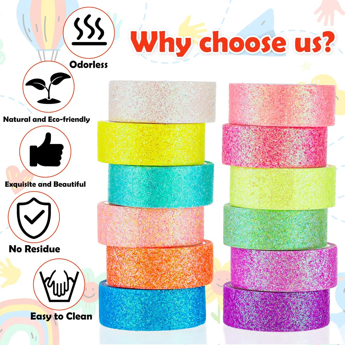 TIESOME 12 rolek zestaw taśmy Washi z brokatem, brokatowe dekoracyjne taśmy klejące, brokatowe taśmy do majsterkowania DIY, kolorowe taśmy papierowe do rękodzieła DIY, Bullet Journals, planerów