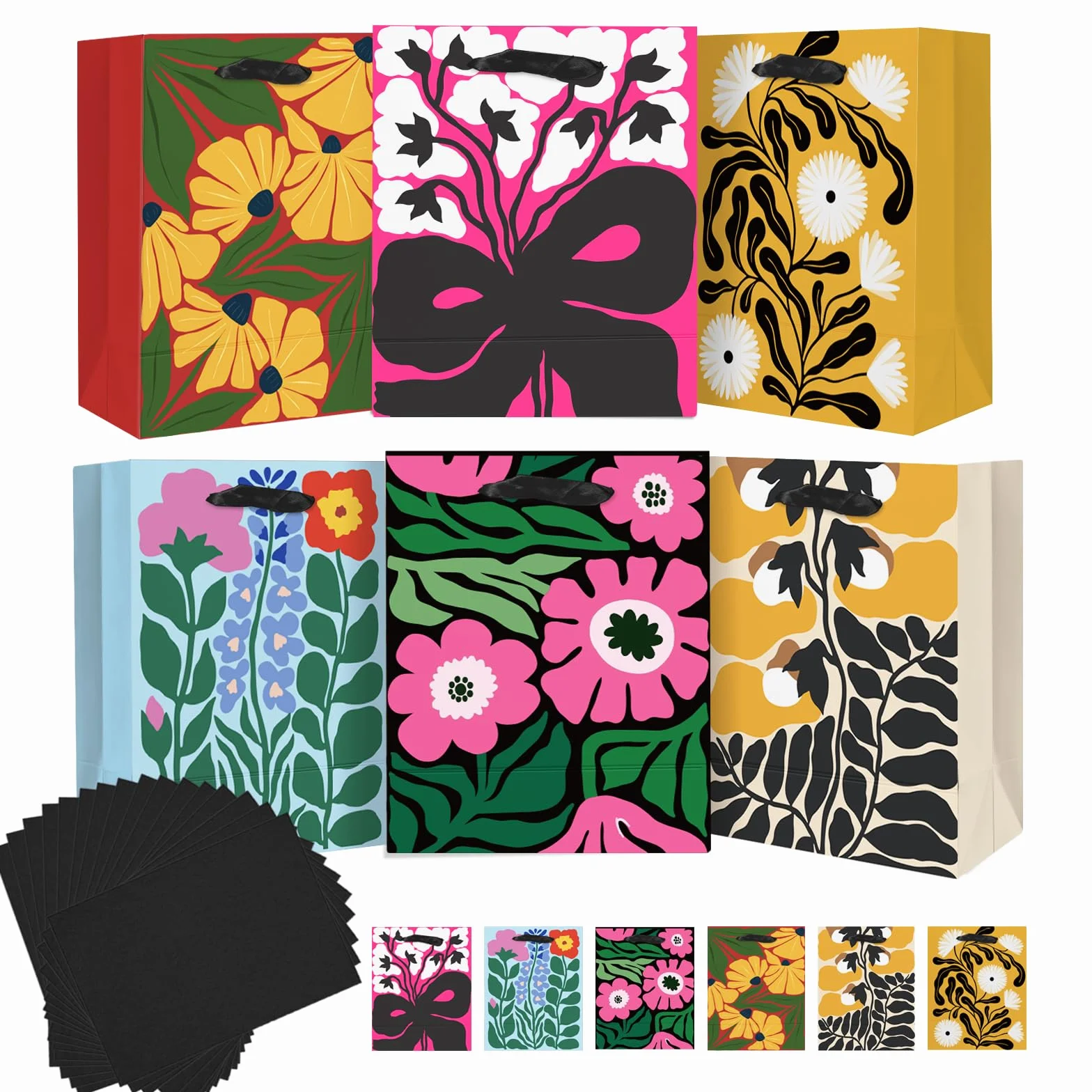 Gcardist 20,1 x 10,9 x 24,4 cm 6 sztuk papierowych torebek upominowych z kwitnącymi kwiatami i uchwytami z bibuły, średniej wielkości (6 torebek + 12 sztuk bibuły)