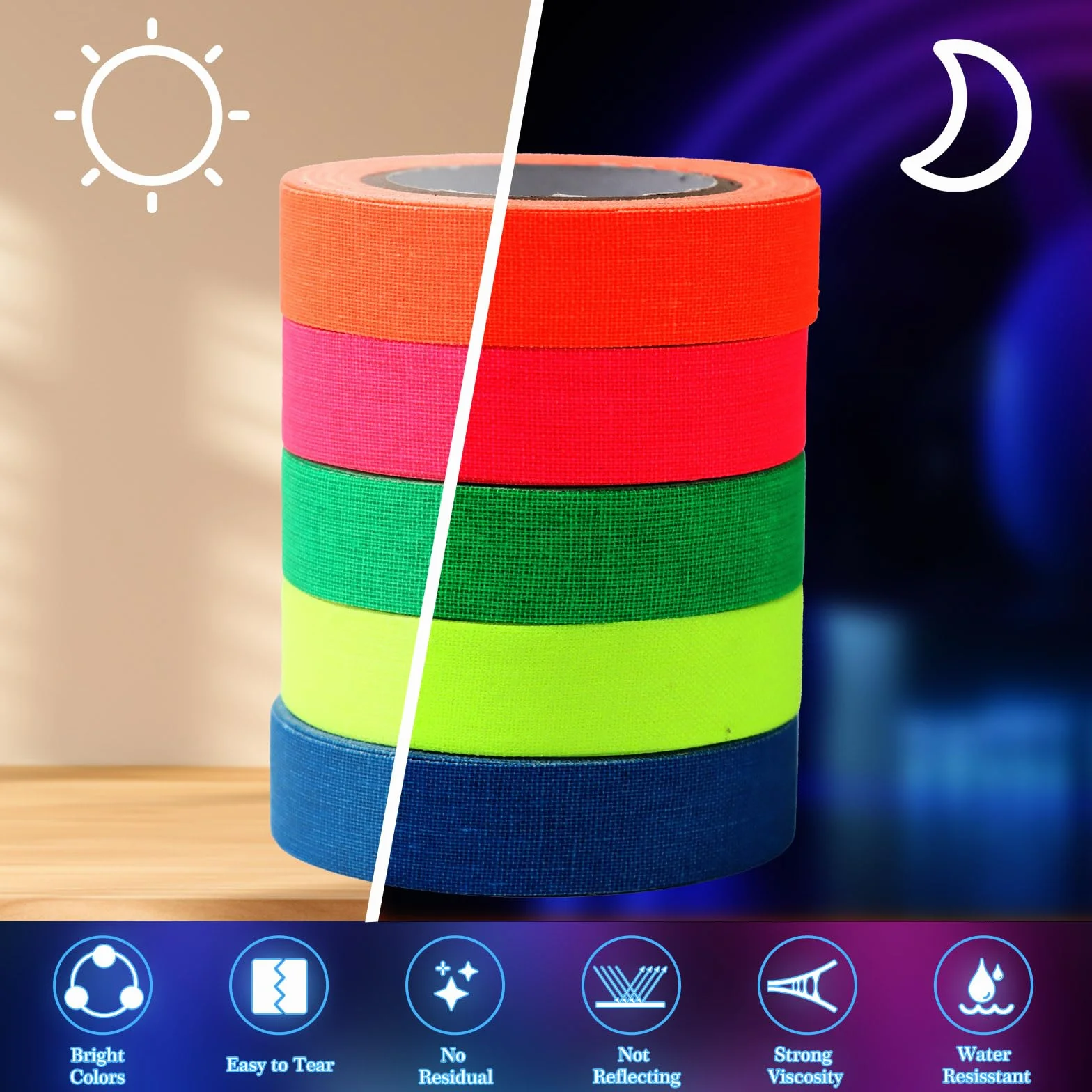 GOTRUST 5 szt. neonowych taśm klejących, czarne światło, UV fluorescencyjne, świecące gaffery, do dekoracji na imprezę, Halloween, rzemiosło – 13 mm x 5 m