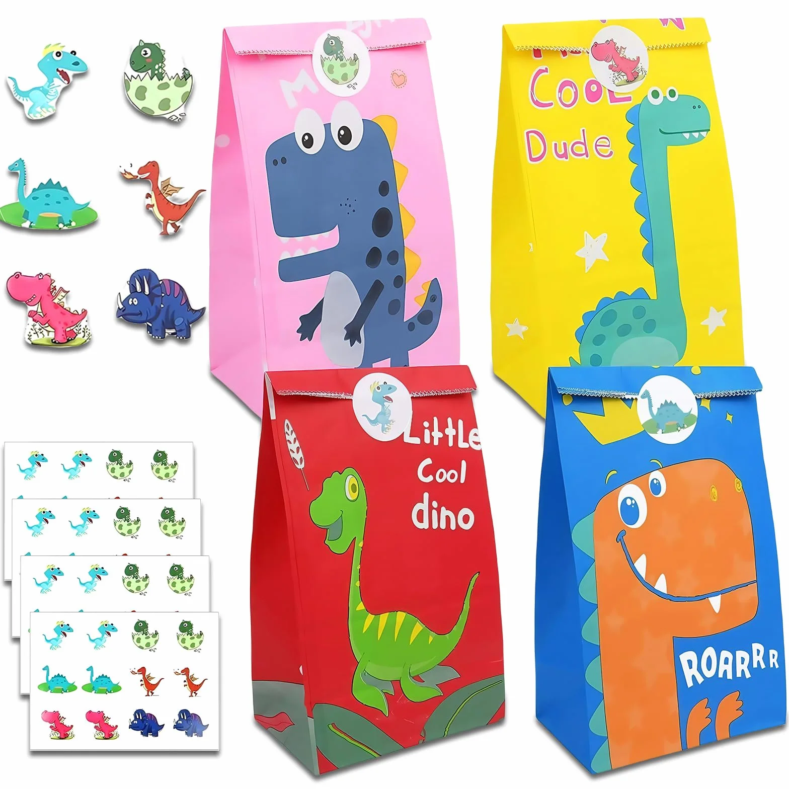 flintronic 20 sztuk torebek na prezent z dinozaurem, torba urodzinowa dla dzieci, torba na prezent urodzinowy z 24 naklejkami, papierowa torebka na prezent na przyjęcie dla dzieci, uroczystości