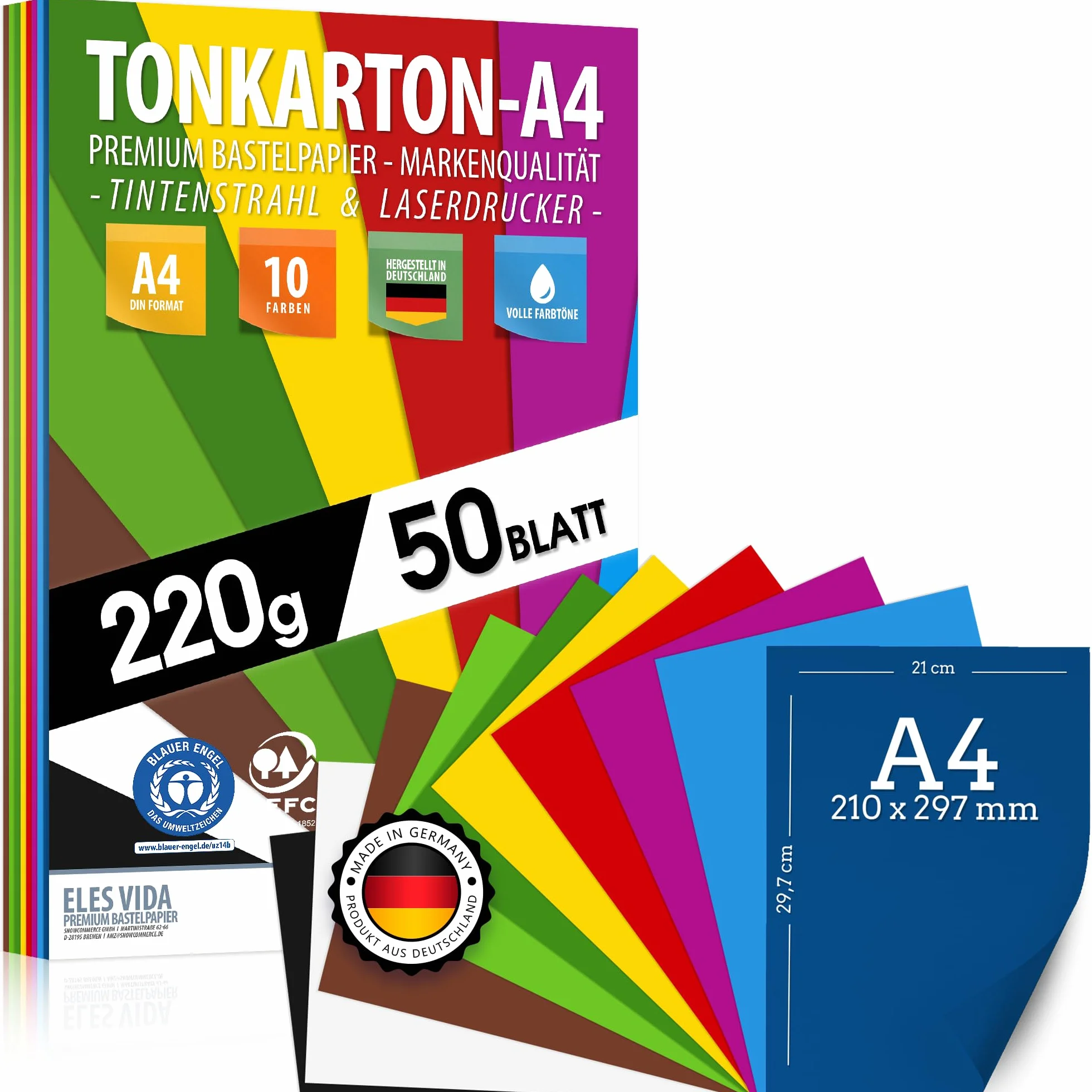 Karton kolorowy A4, 50 arkuszy, gramatura 220 g/m², zestaw 10 kolorowych kolorów, karton, kolorowe arkusze do szkoły, hobby, łuku DIY, akcesoria do majsterkowania, albumy fotograficzne – niebieski