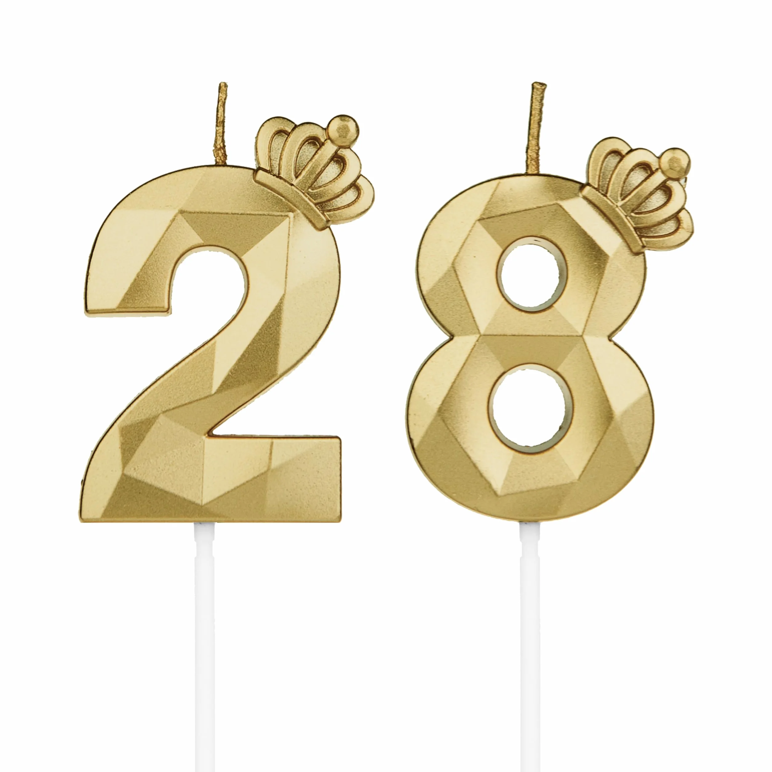 Świece urodzinowe, cyfry 28, z koroną, świece 3D na ciasto, dekoracja urodzinowa, świeczki urodzinowe, świece urodzinowe dla dzieci, na imprezy, wesela, imprezy firmowe, jubileusze (złote, #28)