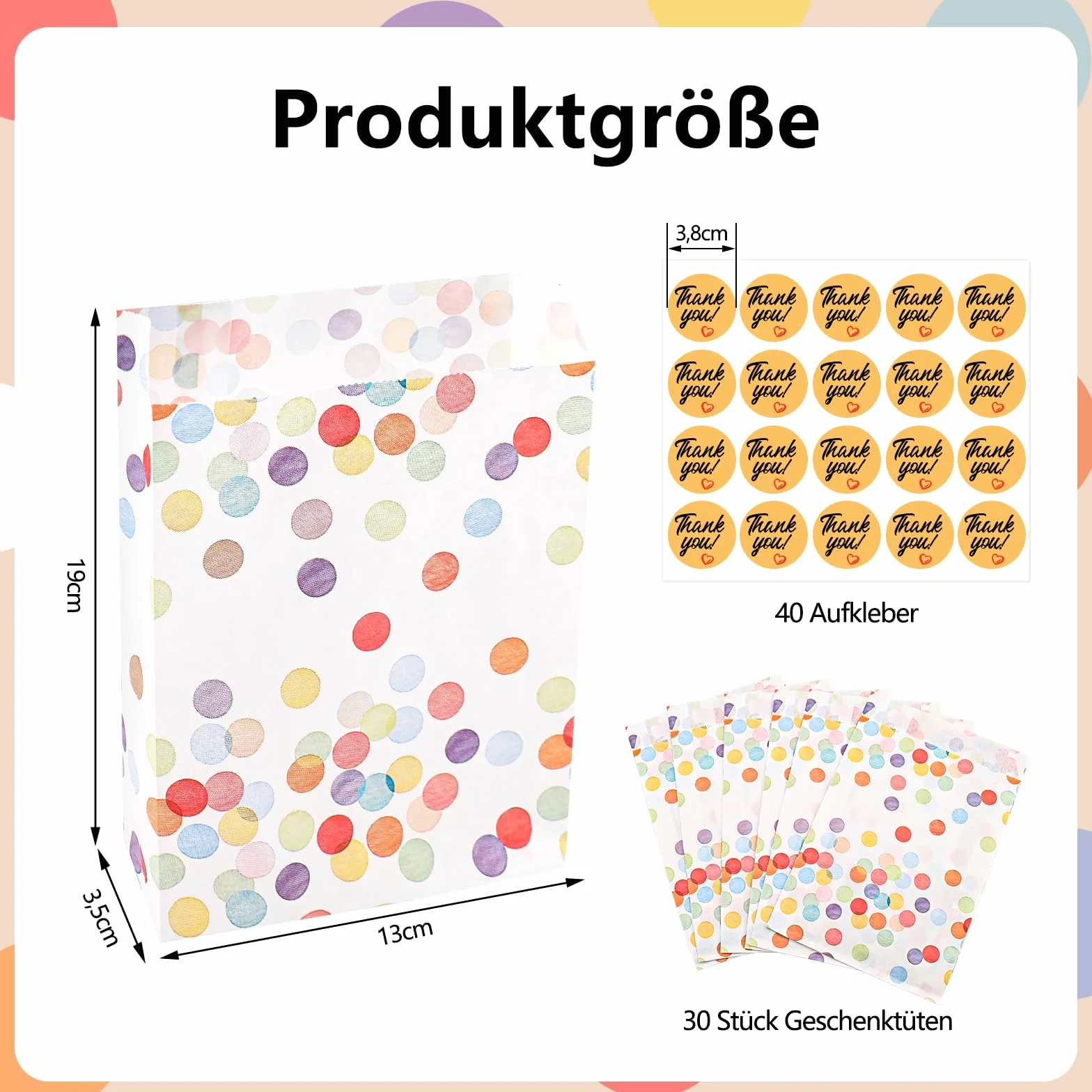 ENLACE 30 sztuk torebek na prezenty z 40 naklejkami, 19 x 13 x 3,5 cm, torebka papierowa na urodziny dziecka, upominki, uroczystości