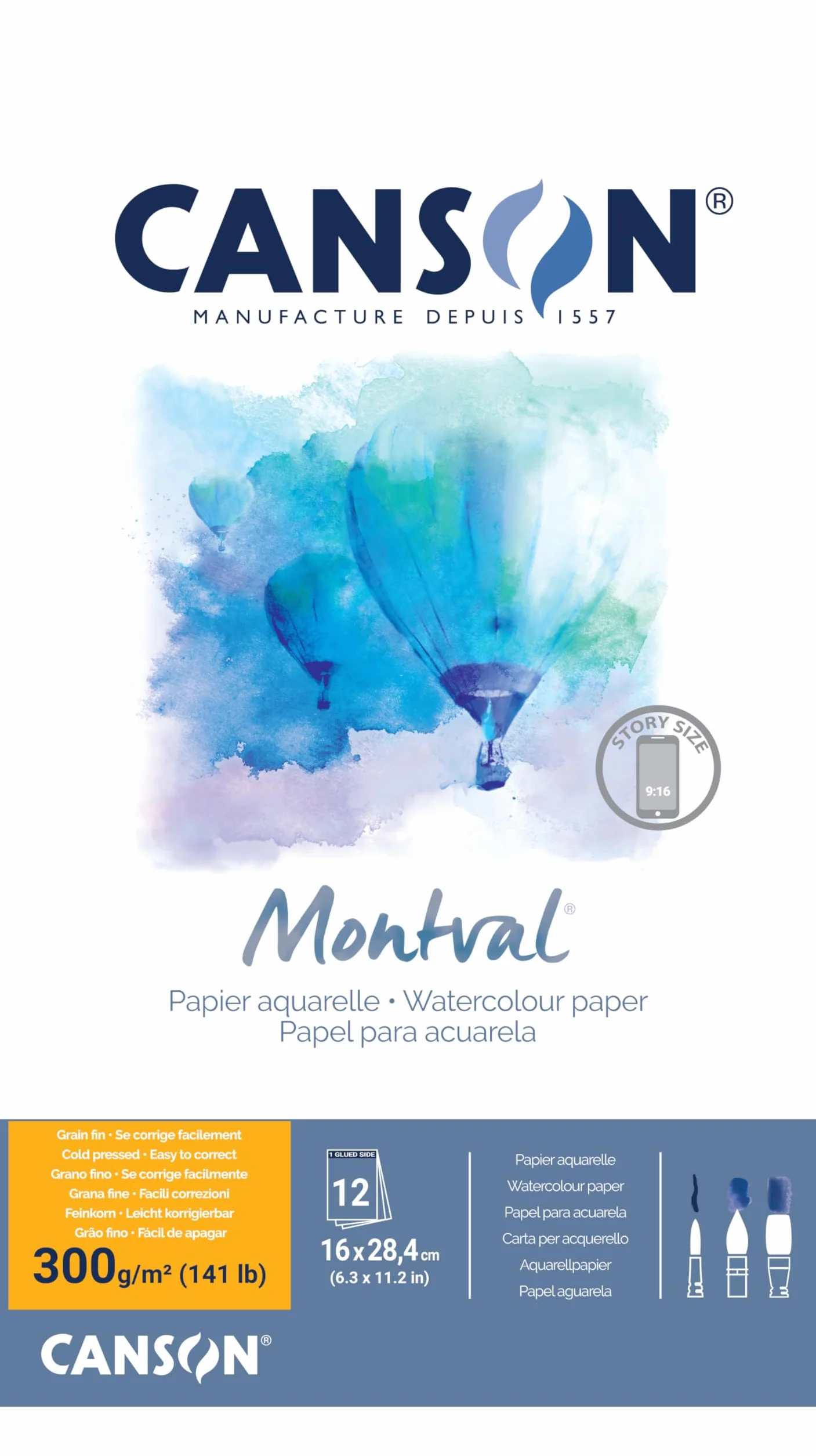 CANSON Montval papier akwarelowy, drobnoziarnisty, 300 g/m², arkusz, 16 x 28,4 cm, naturalna biel