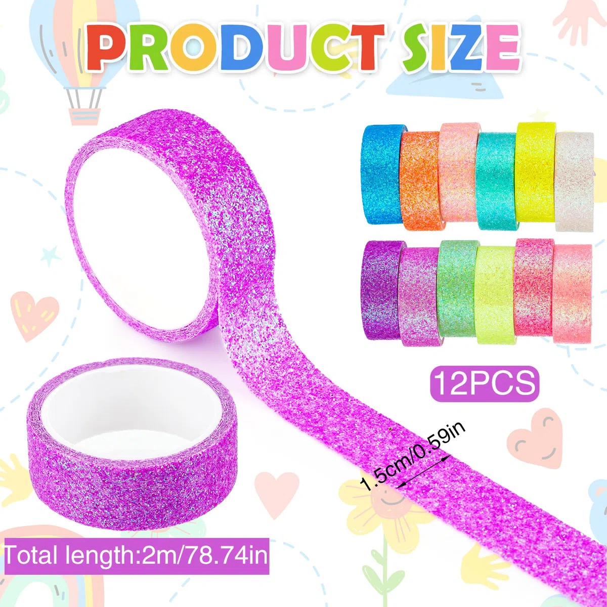 TIESOME 12 rolek zestaw taśmy Washi z brokatem, brokatowe dekoracyjne taśmy klejące, brokatowe taśmy do majsterkowania DIY, kolorowe taśmy papierowe do rękodzieła DIY, Bullet Journals, planerów